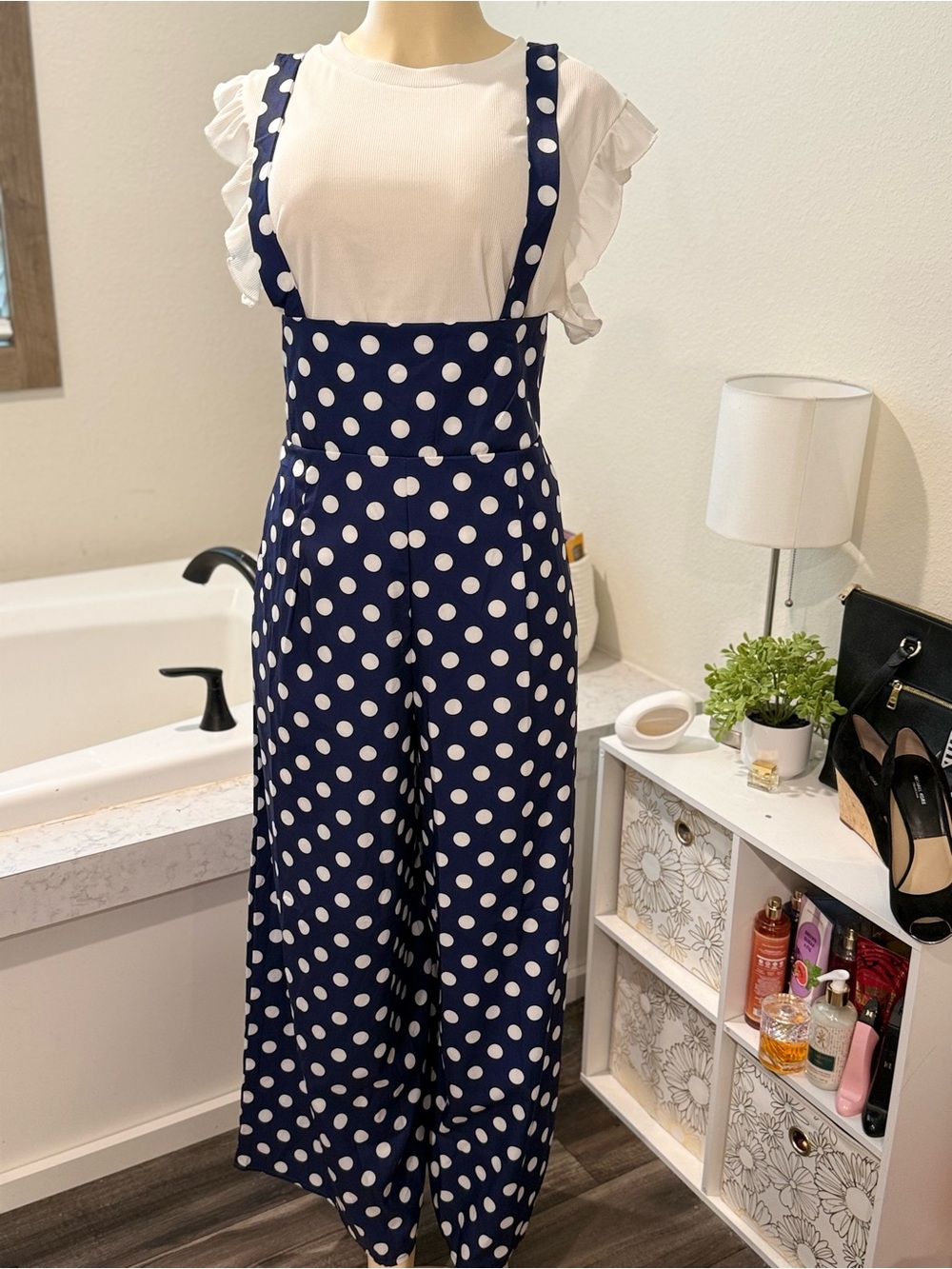 Navy Polka Dot Wide Leg Overall Jumpsuit — XXL Fits Like Large